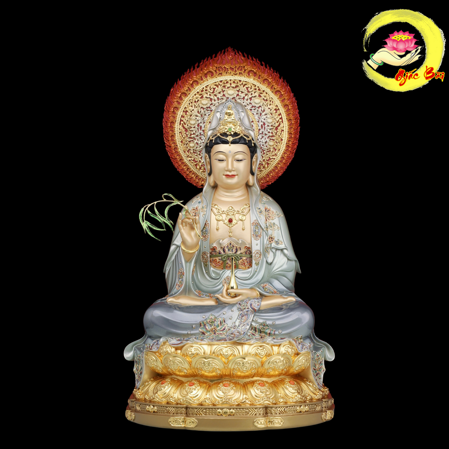 Tượng Quan Thế Âm Bồ Tát Bằng Đồng Áo Bạc Ngồi Đế Bảo Liên Dát Vàng Cao Cấp