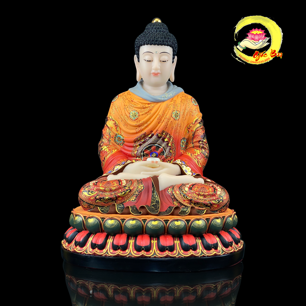 TƯỢNG BỔN SƯ THÍCH CA MÂU NI NGỒI ĐÀI SEN VẼ GẤM ĐỎ