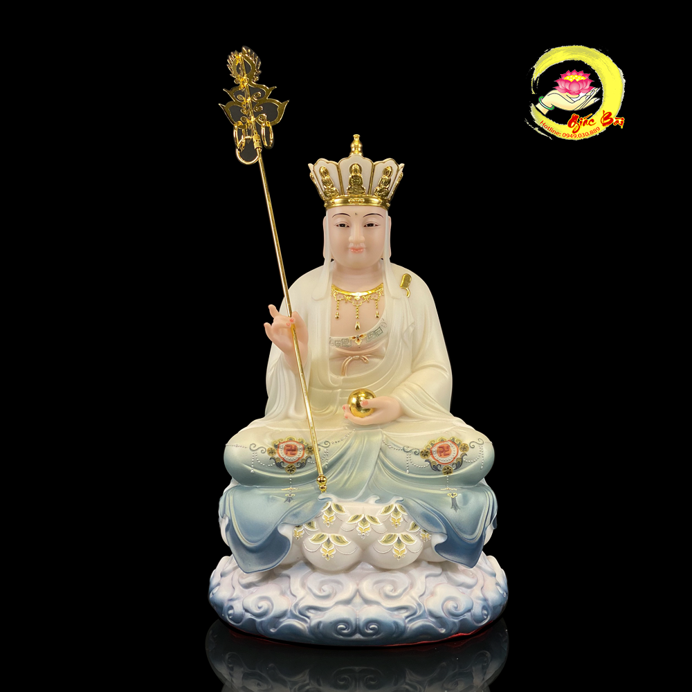 Tượng Địa Tạng Vương Bồ Tát Ngồi Đế Mây Bằng Bột Đá Sơn Xanh
