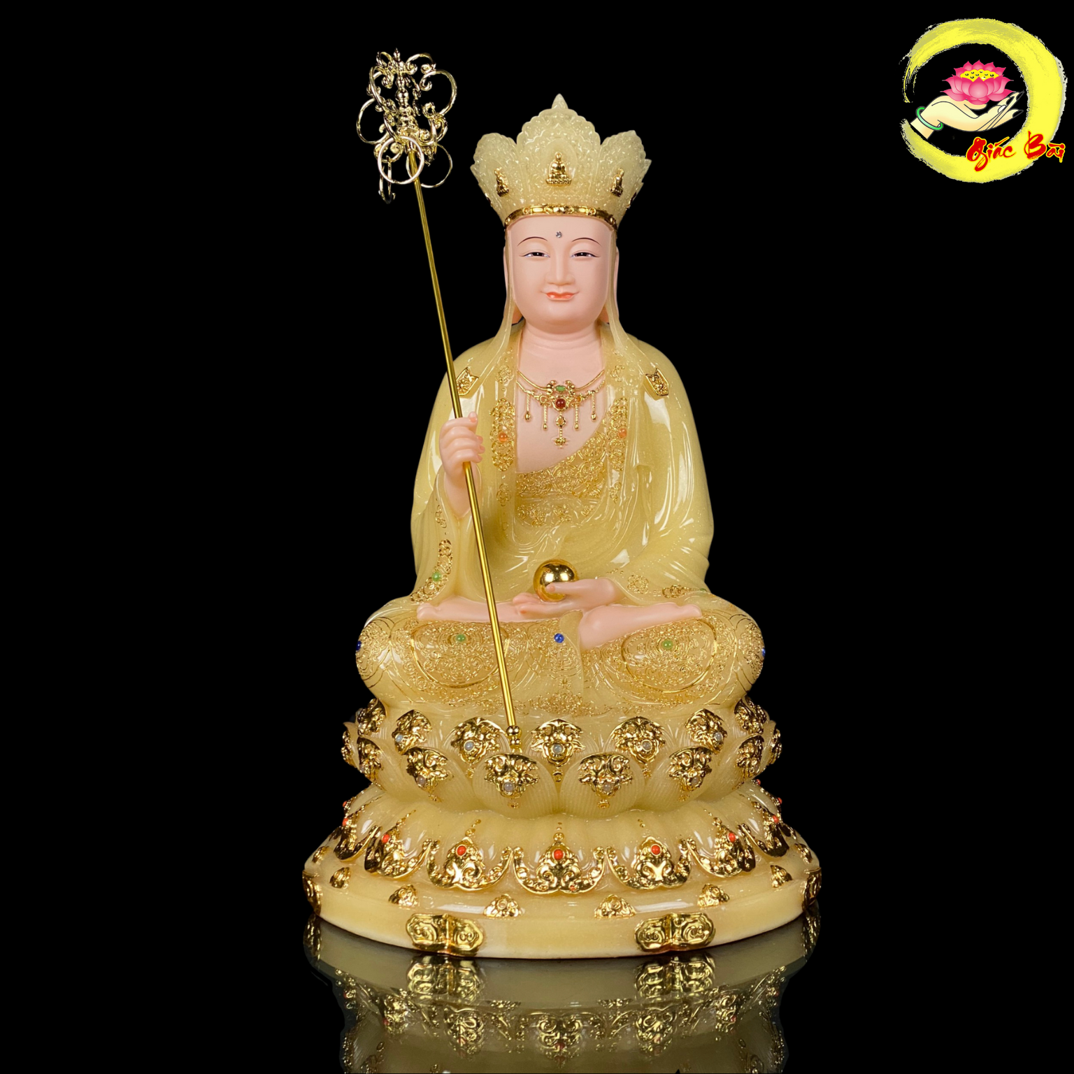 Tượng Địa Tạng Vương Bồ Tát Bột Đá Thạch Anh Viền Vàng – Biểu Tượng Linh Thiêng Và Từ Bi