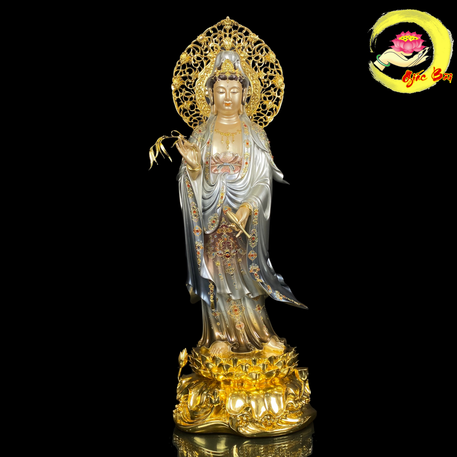 Tượng Quan Thế Âm Bồ Tát Đứng Đế Non Nước Có Lá Bồ Đề