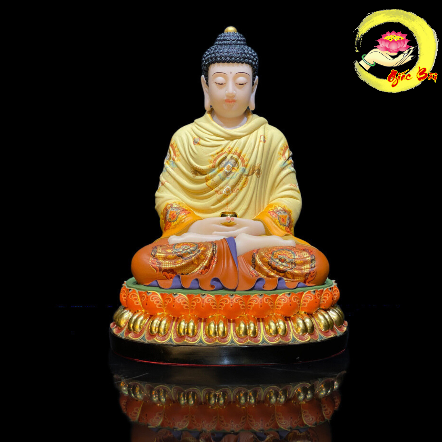 Tượng Phật Thích Ca Ngồi Đế Sen To Vẽ Gấm Viền Vàng