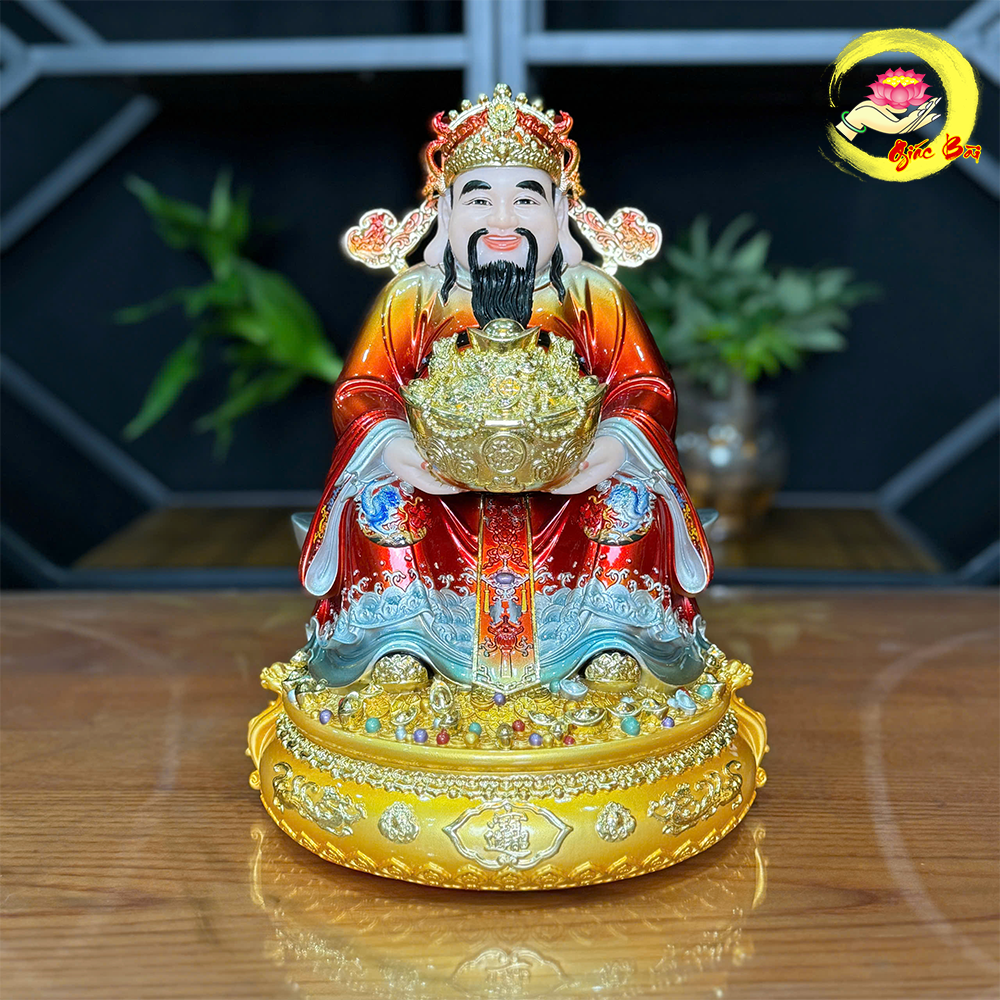 Tượng Thần Tiền Đế Tròn Bằng Bột Đá Sơn Màu Đồng Đỏ