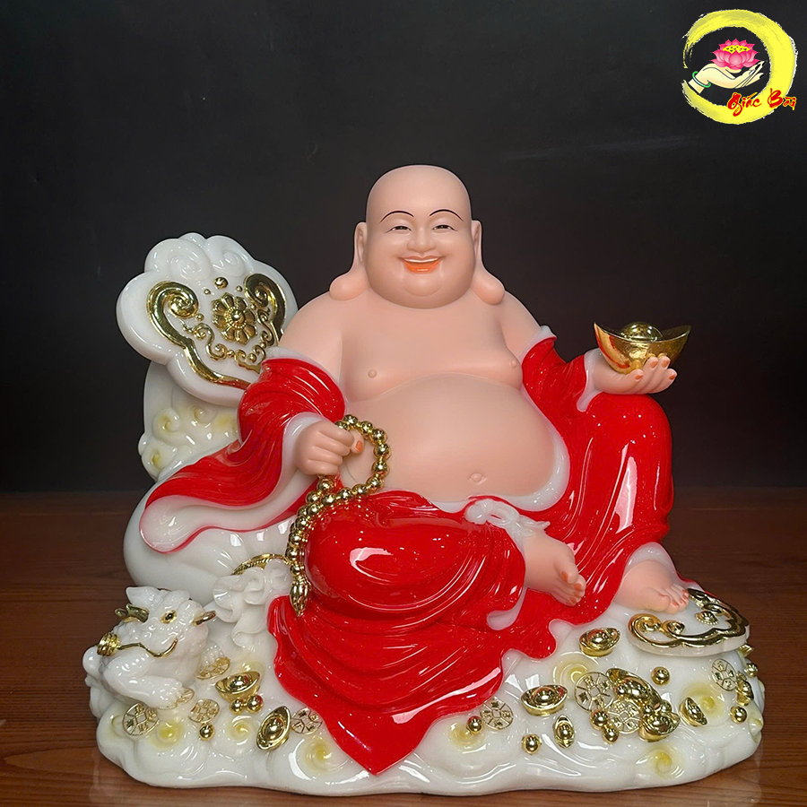 Tượng Phật Di Lặc Như Ý Bằng Bột Đá Sơn Đỏ Viền Vàng