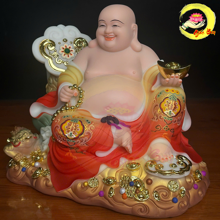 Tượng Phật Di Lặc Như Ý Bằng Bột Đá Vẽ Sơn Đỏ Cao Cấp