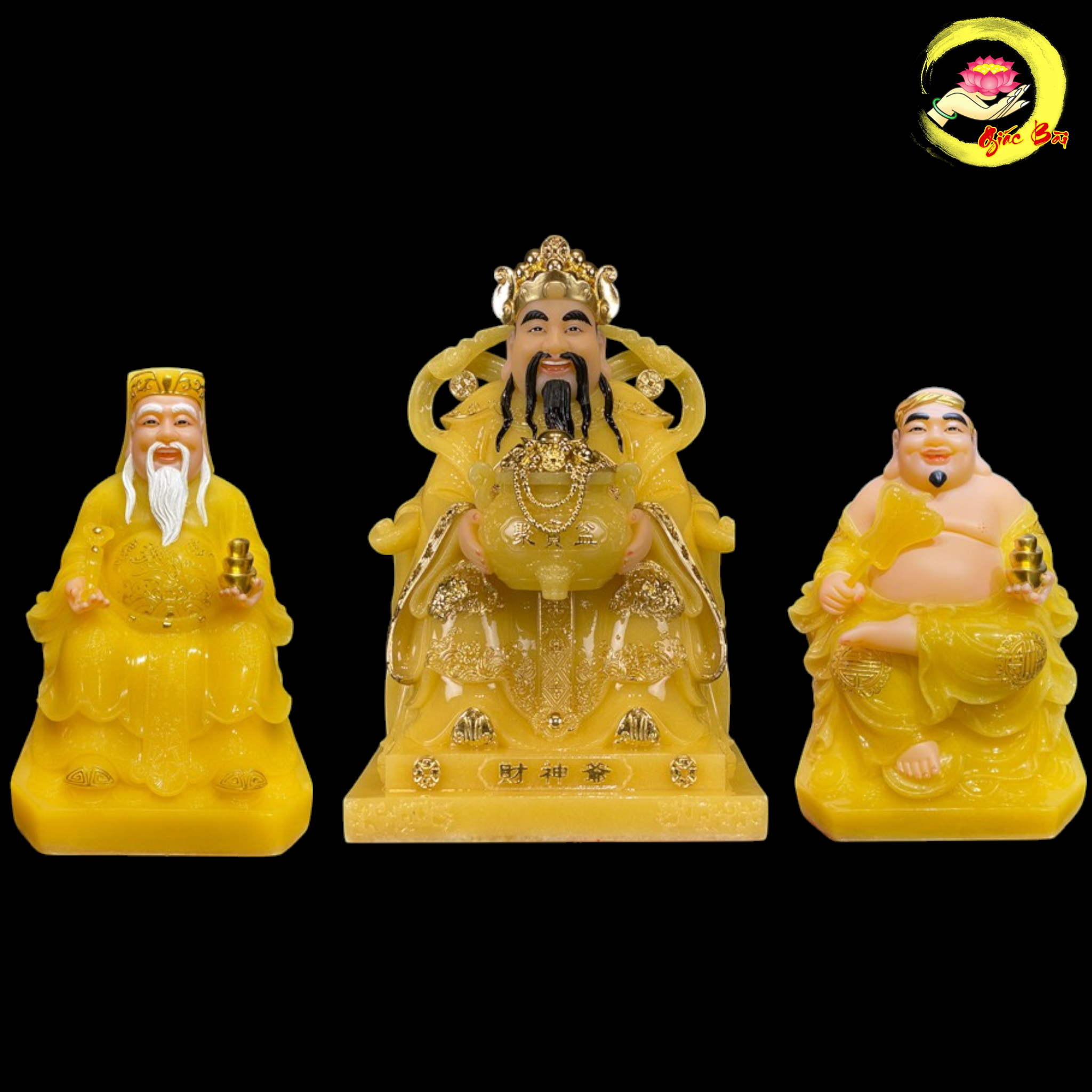 Bộ 3 Tượng Thần Tiền - Thổ Địa - Thần Tài Bằng Bột Đá Thạch Anh Viền Dát Vàng