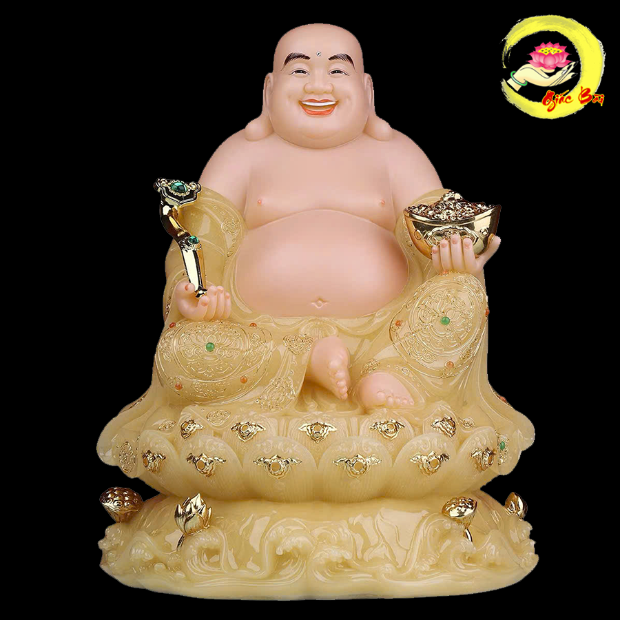Tượng Phật Di Lặc Ngồi Đế Non Nước Bằng Bột Đá Thạch Anh Viền Vàng Cao Cấp