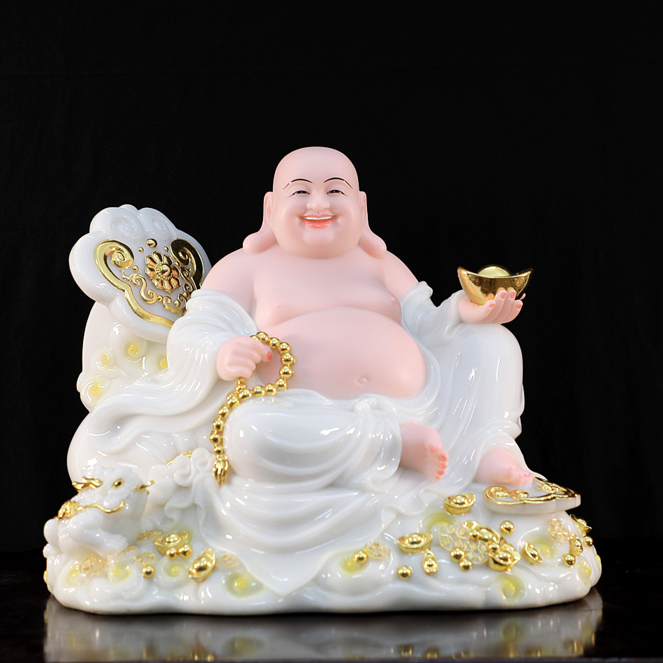 Tượng Phật Di Lặc Như Ý Bằng Bột Đá Trắng Ngồi Mây Núi Vàng