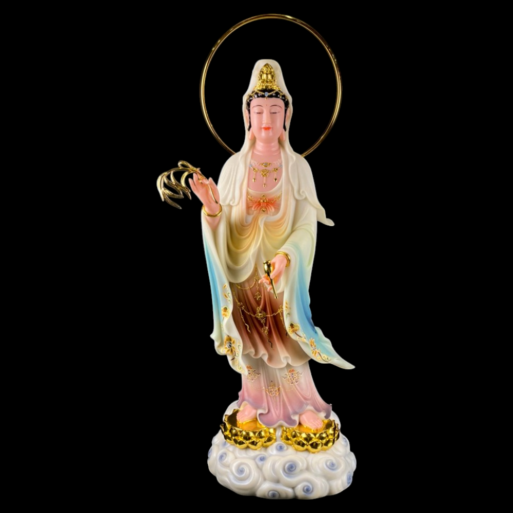 Tượng Quan Thế Âm Bồ Tát Đứng Mây Viền Hoa Bằng Bột Đá Sơn Màu Cao Cấp
