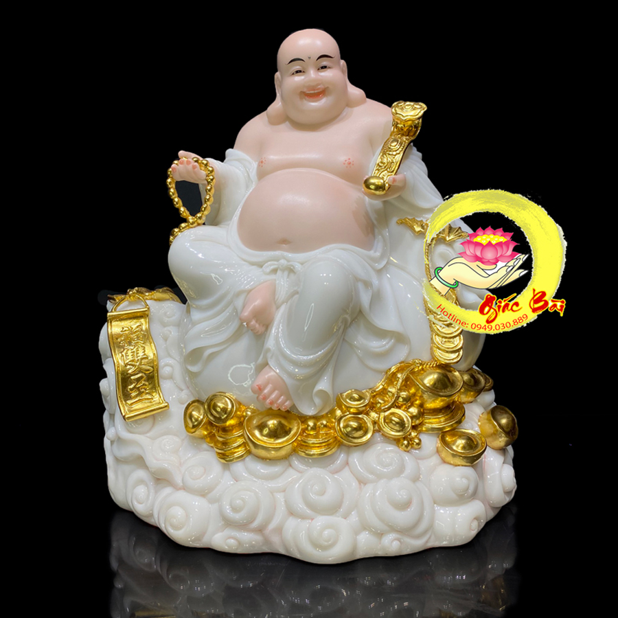 TƯỢNG DI LẶC NGỒI ĐẾ ĐỒNG TIỀN BỘT ĐÁ TRẮNG CAO 40CM, 48CM