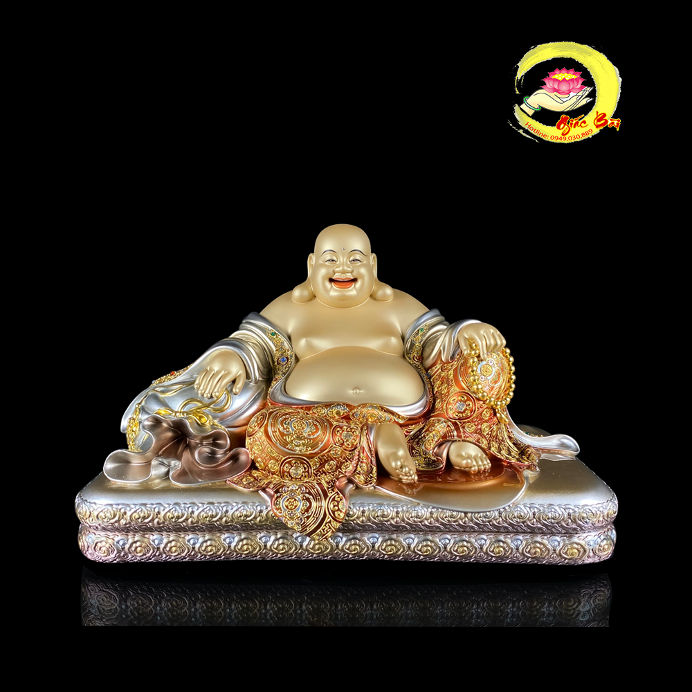 TƯỢNG DI LẶC NGỒI NẰM BẰNG ĐỒNG CỔ KIM VIỀN VÀNG MẤN BẢO