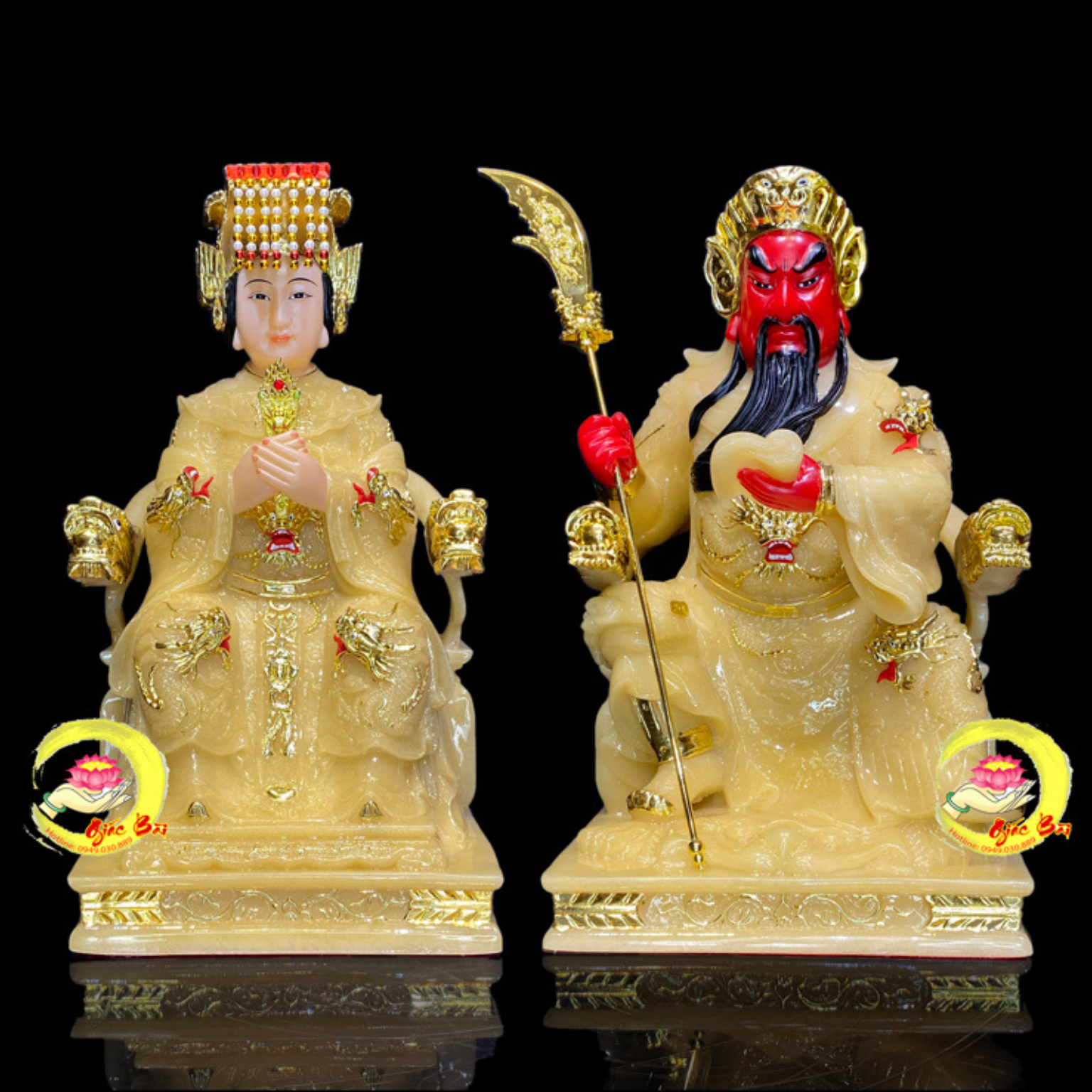 Tượng Quan Công - Thiên Hậu Bằng Bột Đá Thạch Anh Viền Vàng