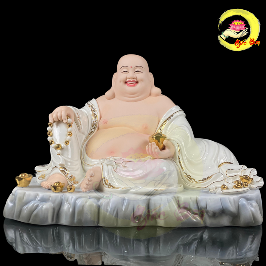 TƯỢNG DI LẶC NGỒI NÚI TIỀN BẰNG SỨ TRẮNG VIỀN VÀNG – KÍCH THƯỚC 16-19 INCH
