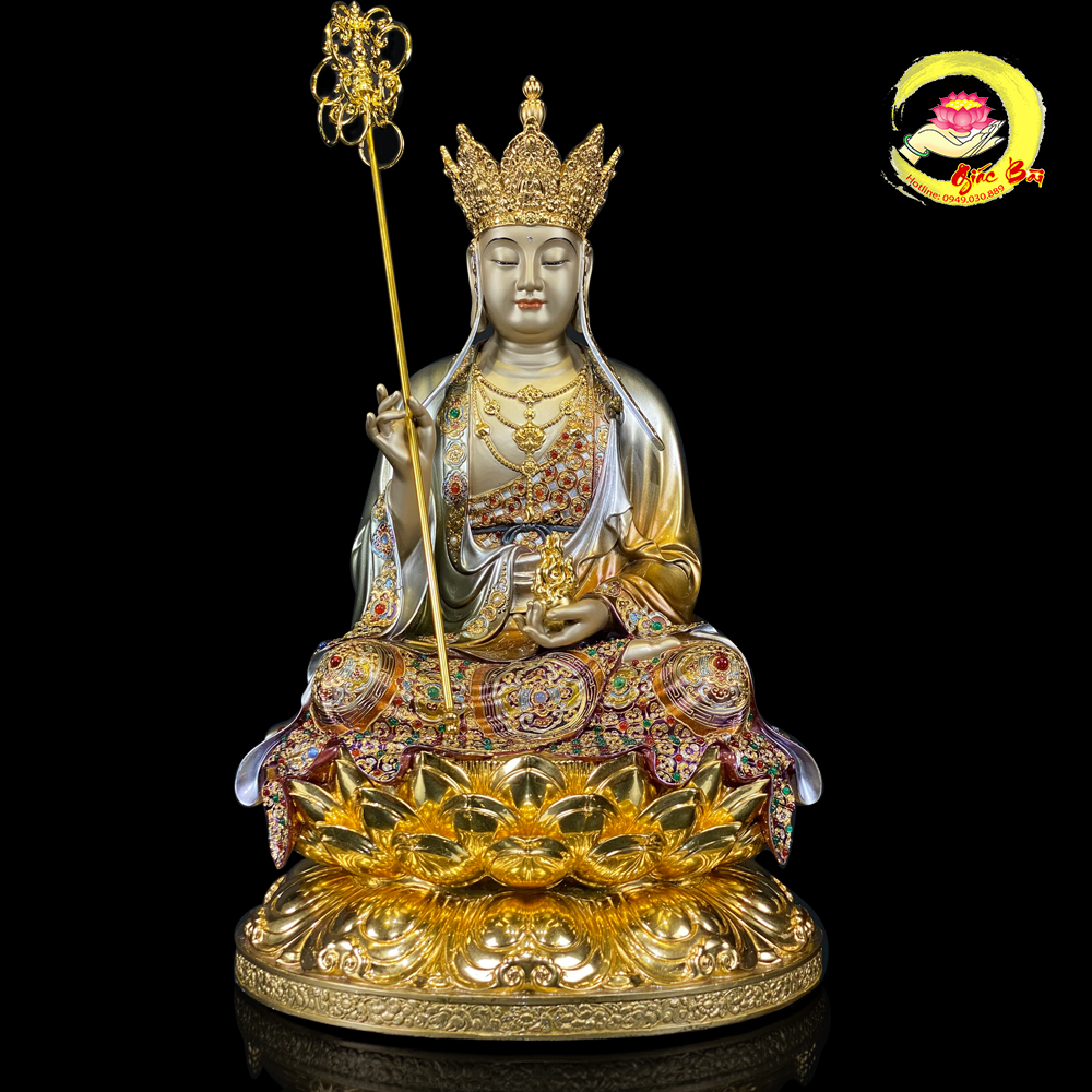 TƯỢNG ĐỊA TẠNG VƯƠNG NGỒI ĐÀI SEN BẰNG ĐỒNG MEN CỔ VIỀN VÀNG