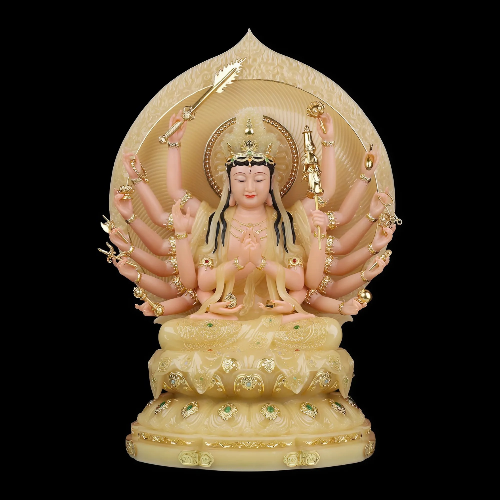 Tượng Chuẩn Đề Ngồi Đài Sen Bằng Bột Đá Thạch Anh Viền Vàng – Sắc Tướng Tôn Nghiêm, Tâm Linh Linh Ứng
