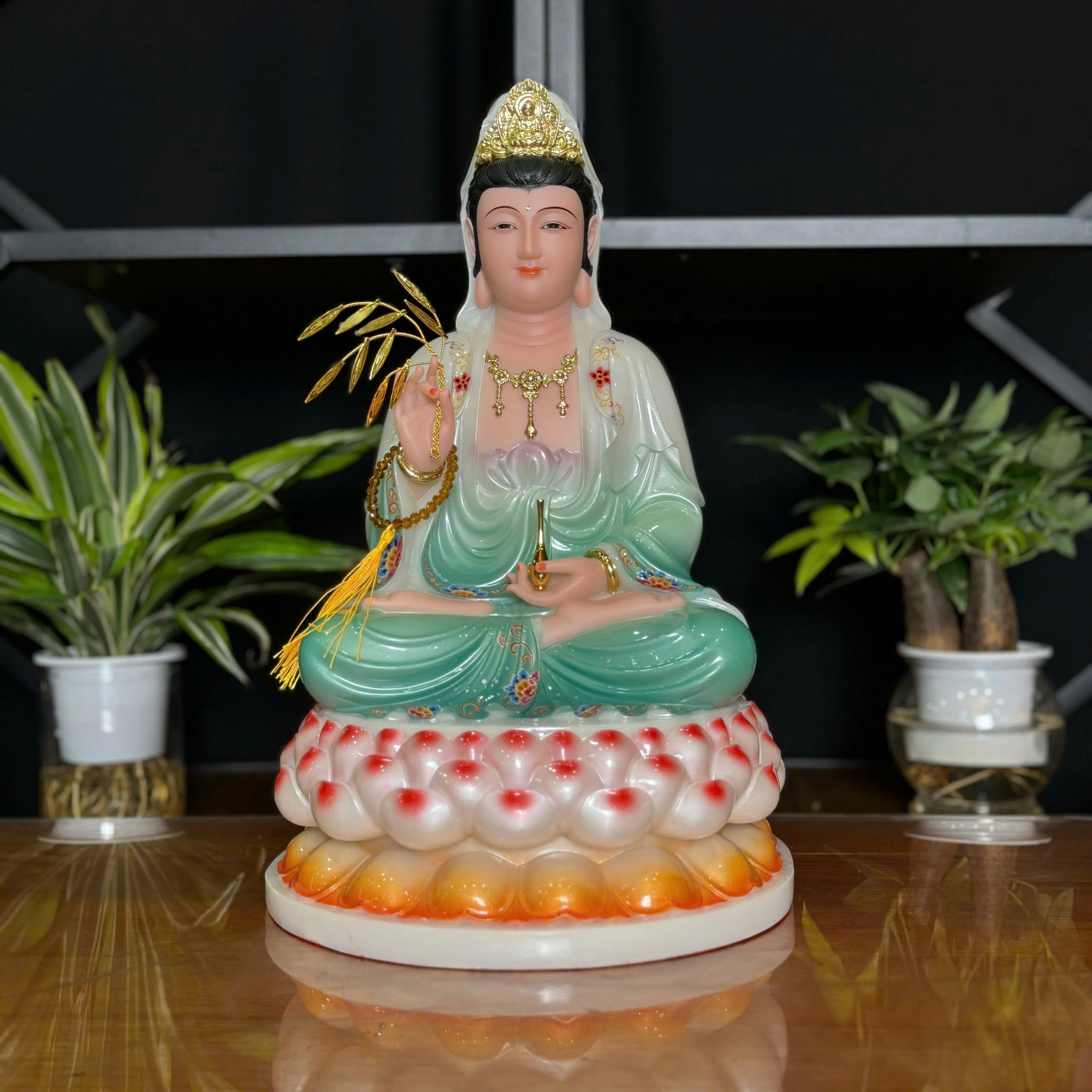 Tượng Quan Âm Bồ Tát Ngồi Đài Sen 3 Tầng Bằng Bột Đá Sơn Xanh