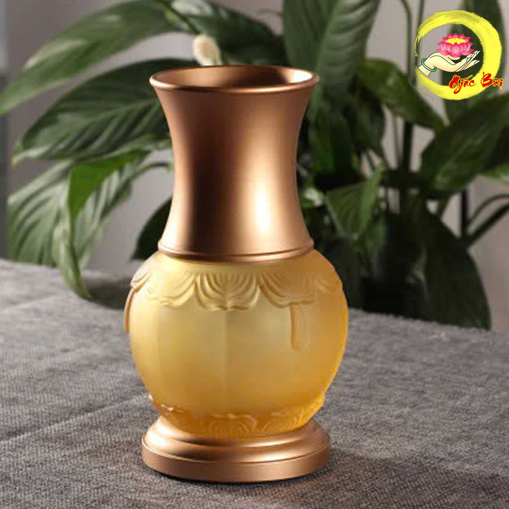 Lọ Hoa Lưu Ly Vàng Viền Hoa Miệng Đồng
