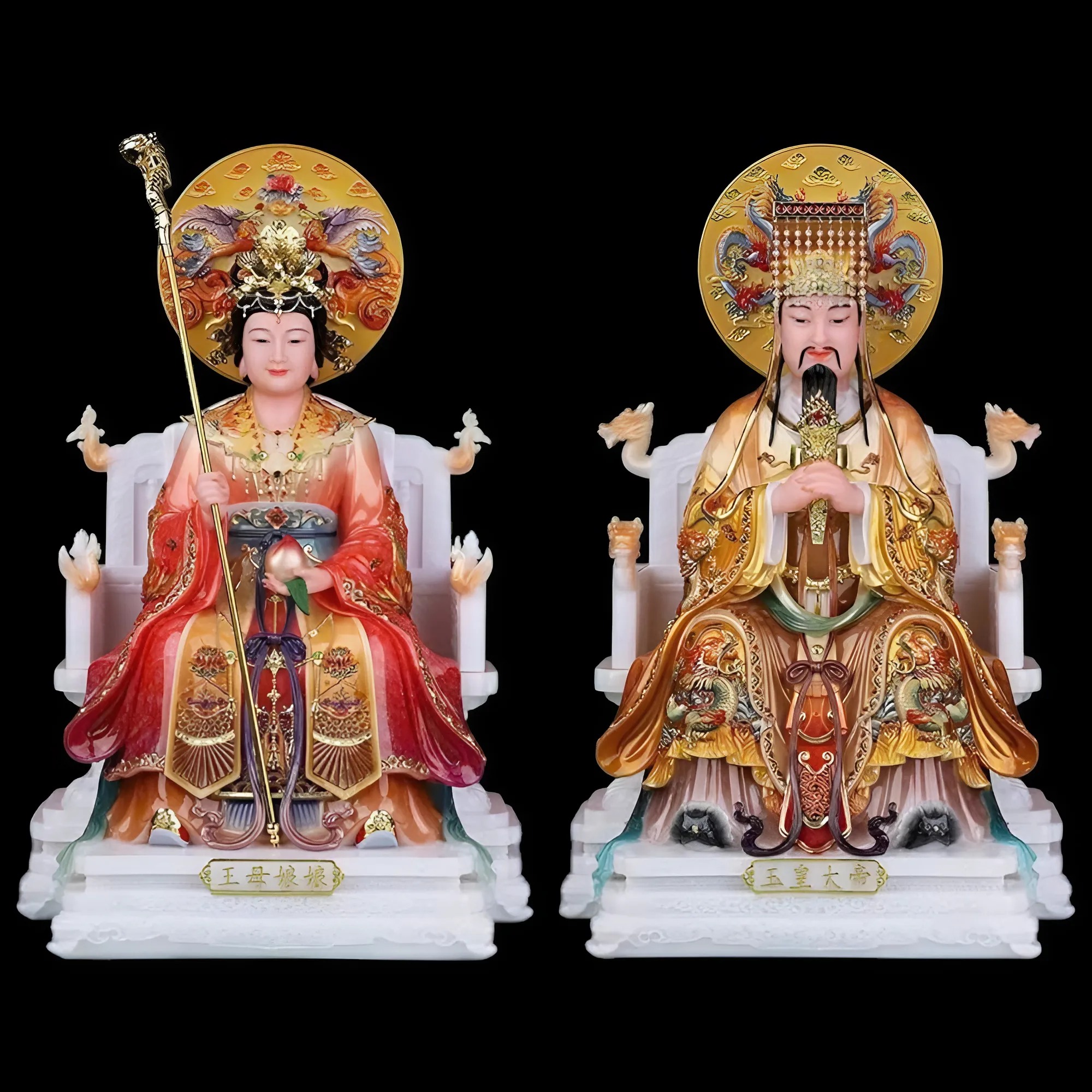 Bộ Tượng Ngọc Hoàng - Vương Mẫu Màu Đỏ Cam Bằng Bột Đá Sơn Màu Cao Cấp