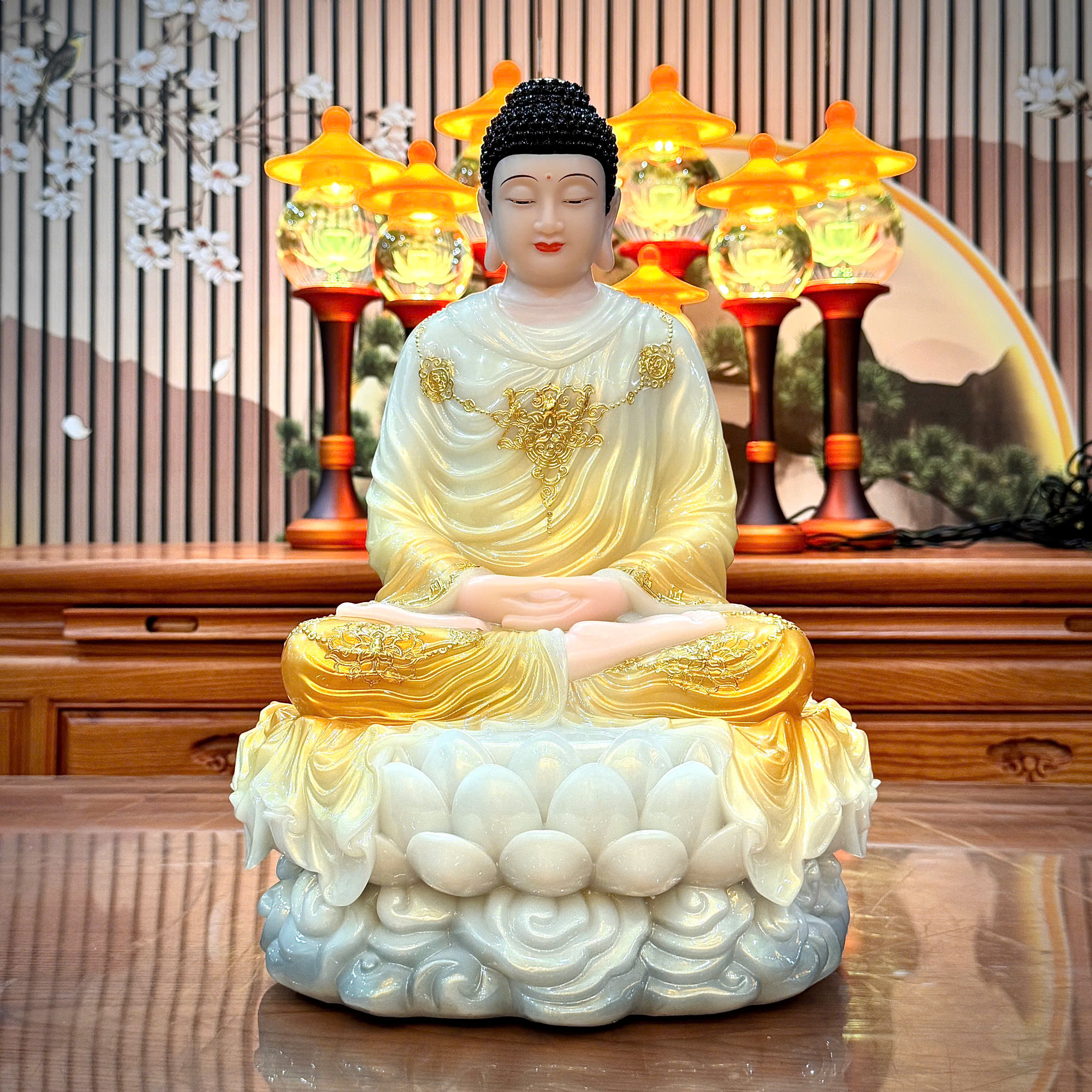 Tượng Thích Ca Tĩnh Tâm Ngồi Đế Mây Bằng Bột Đá Sơn Phú Quý Vân Vàng