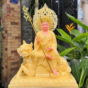Tượng Địa Tạng Bồ Tát Đề Thính Bằng Bột Đá Thạch Anh Viền Vàng – Cao 26 Inch