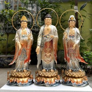 Bộ Tượng Tây Phương Tam Thánh Đứng Đài Sen Bằng Đồng Sơn Màu 26 Inch