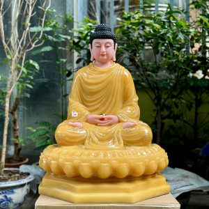 Tượng Thích Ca Tĩnh Tâm Ngồi Đài Sen 8 Cạnh Bằng Bột Đá Thạch Anh Viền Vàng 26 Inch