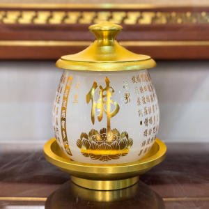 Chén Nước Có Nắp Bằng Bột Đá Trắng In Tâm Kinh Chữ Phật