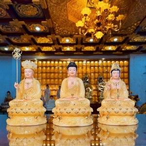 Bộ Tượng Ta Bà Tam Thánh Ngồi Đế Non Nước Bằng Bột Đá Thạch Anh Viền Vàng